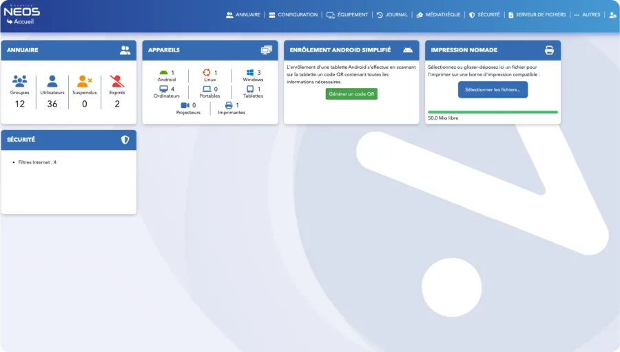Interface pour les administrateurs Novatice NEOS Logiciel gestion EPN