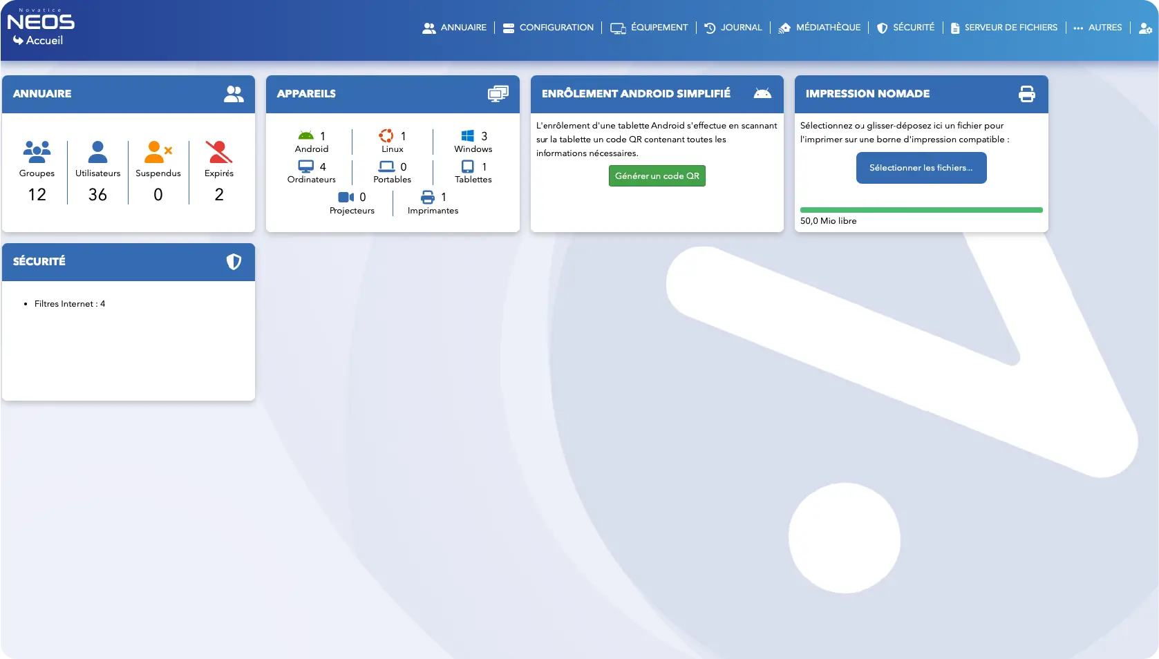 Interface pour les administrateurs Novatice NEOS Logiciel gestion EPN